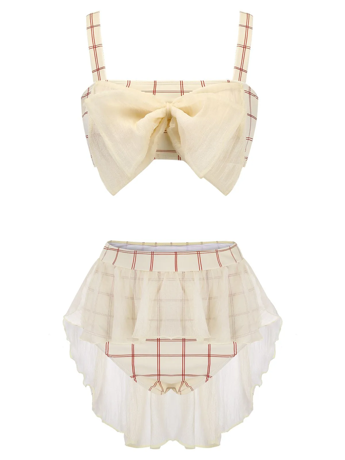1950s Bowknot Plaid Mesh Patchwork Swimsuit
