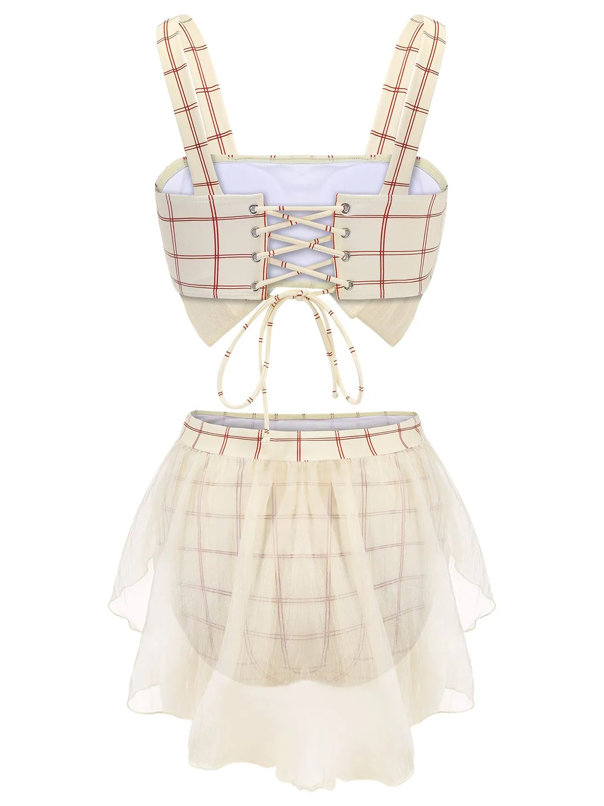1950s Bowknot Plaid Mesh Patchwork Swimsuit