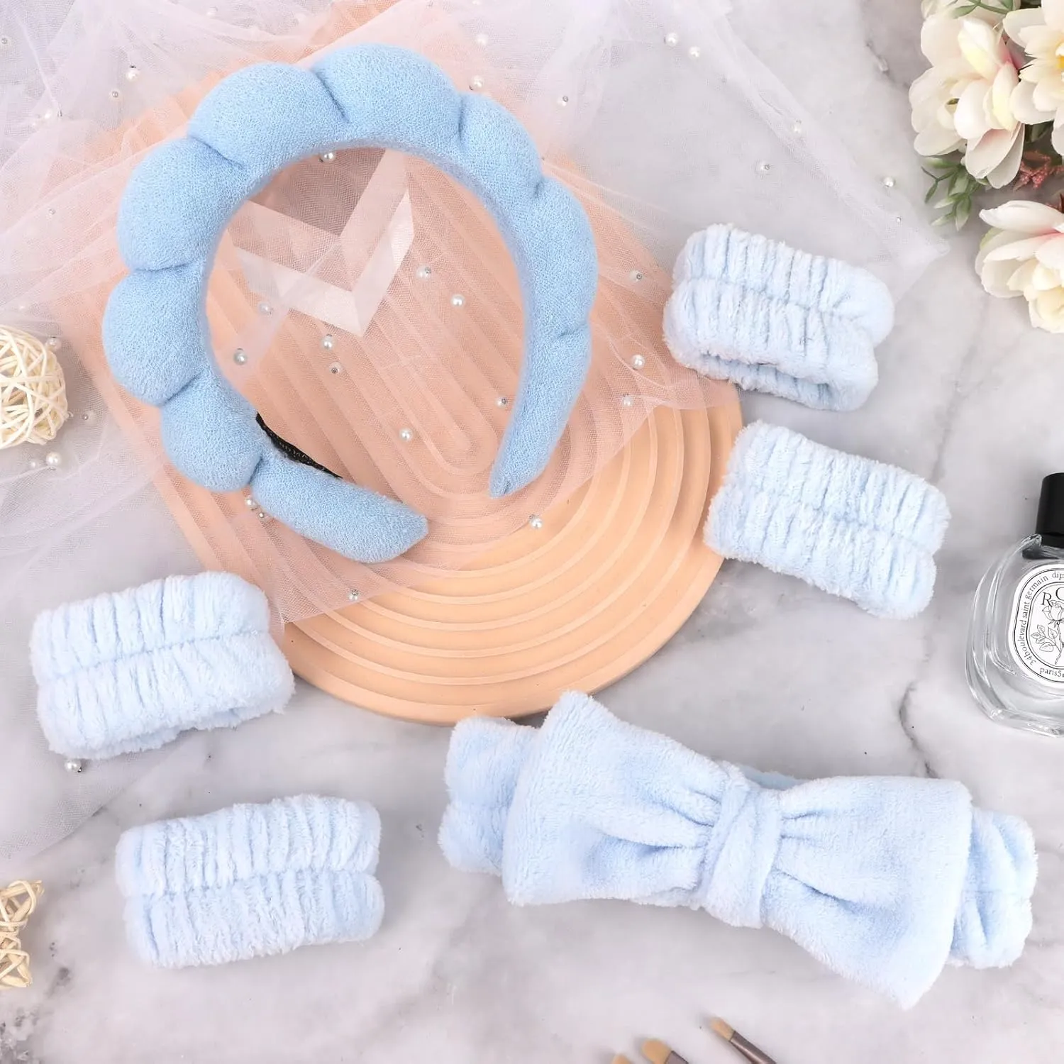 6Pcs Spa Headbands and Wrist Washbands Set, Terry Cloth Puffy Hair Band, Face Towel Wristbands for Washing Face