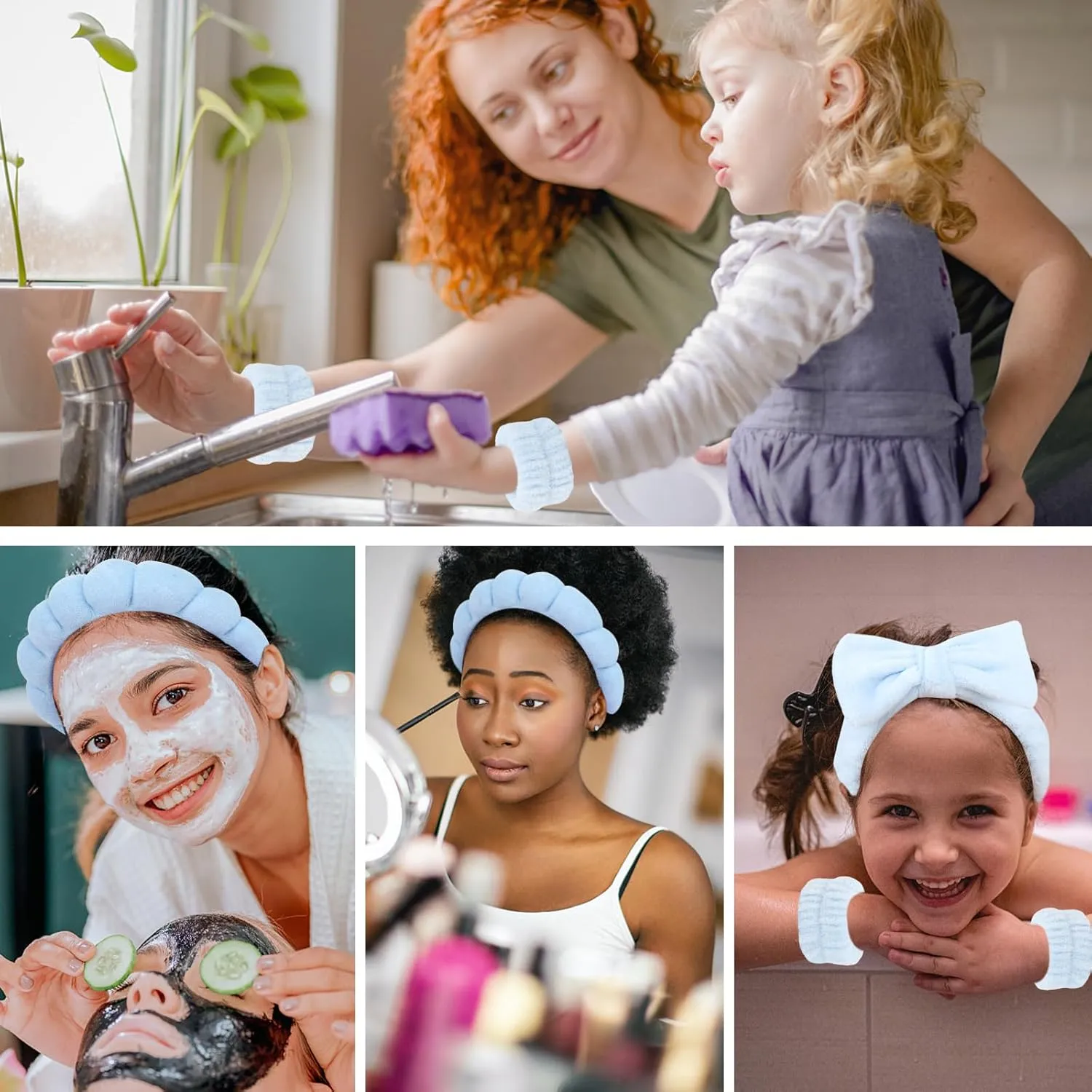 6Pcs Spa Headbands and Wrist Washbands Set, Terry Cloth Puffy Hair Band, Face Towel Wristbands for Washing Face
