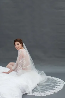 Amanda Cathedral delicate and sheer alencon lace veil in ivory