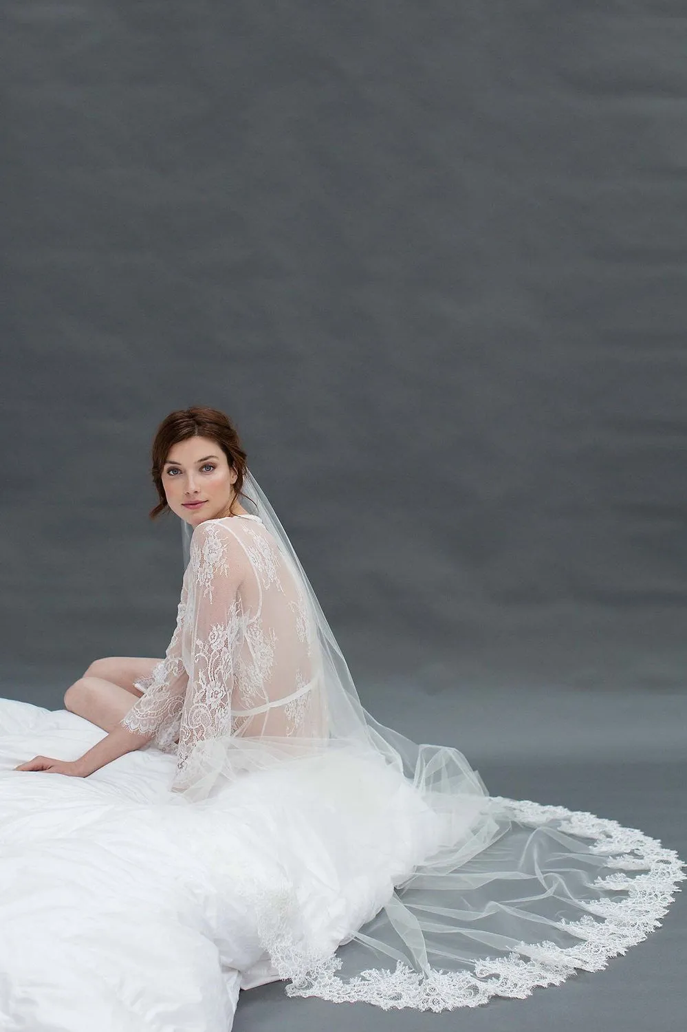 Amanda Cathedral delicate and sheer alencon lace veil in ivory