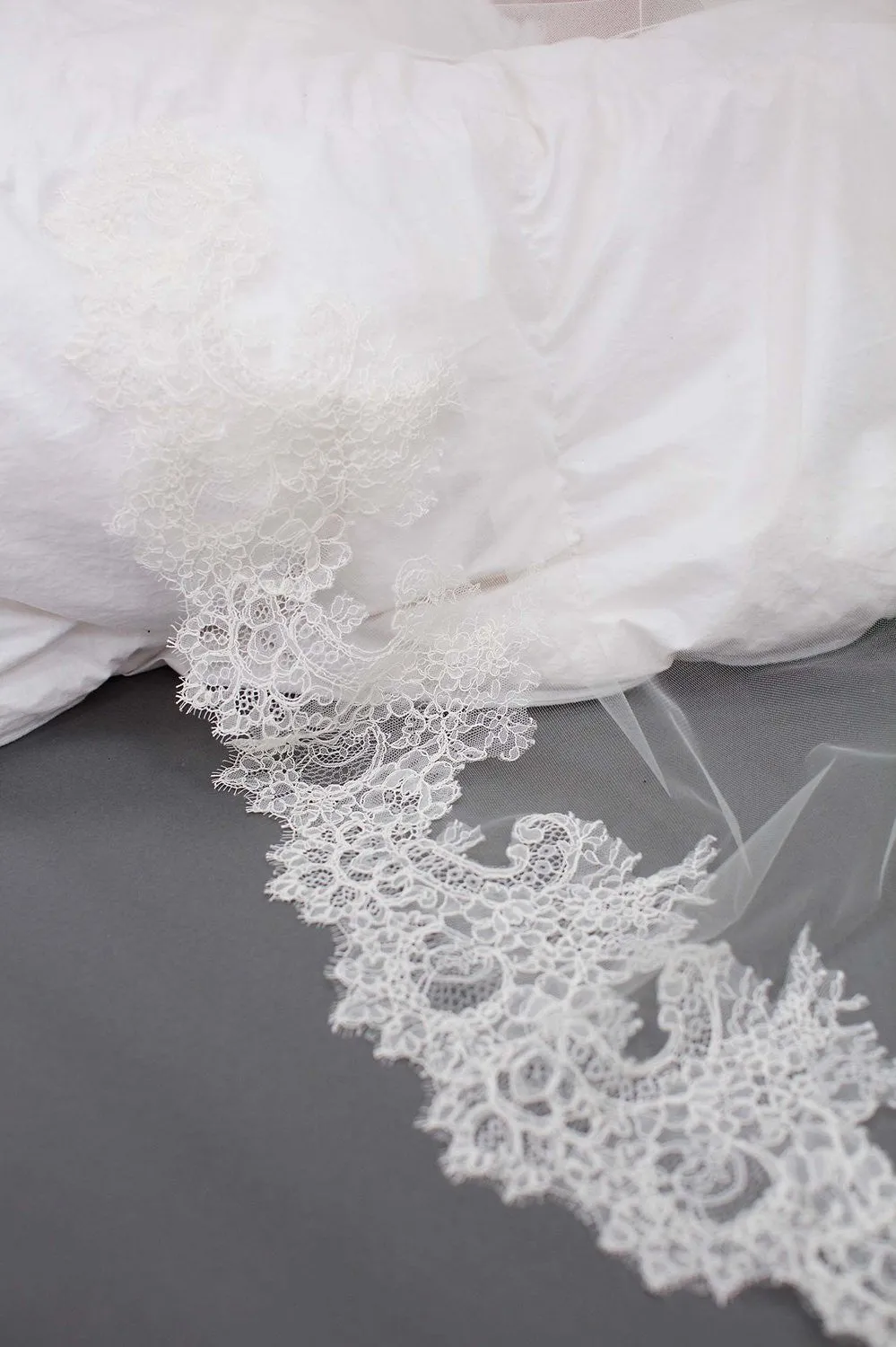 Amanda Cathedral delicate and sheer alencon lace veil in ivory