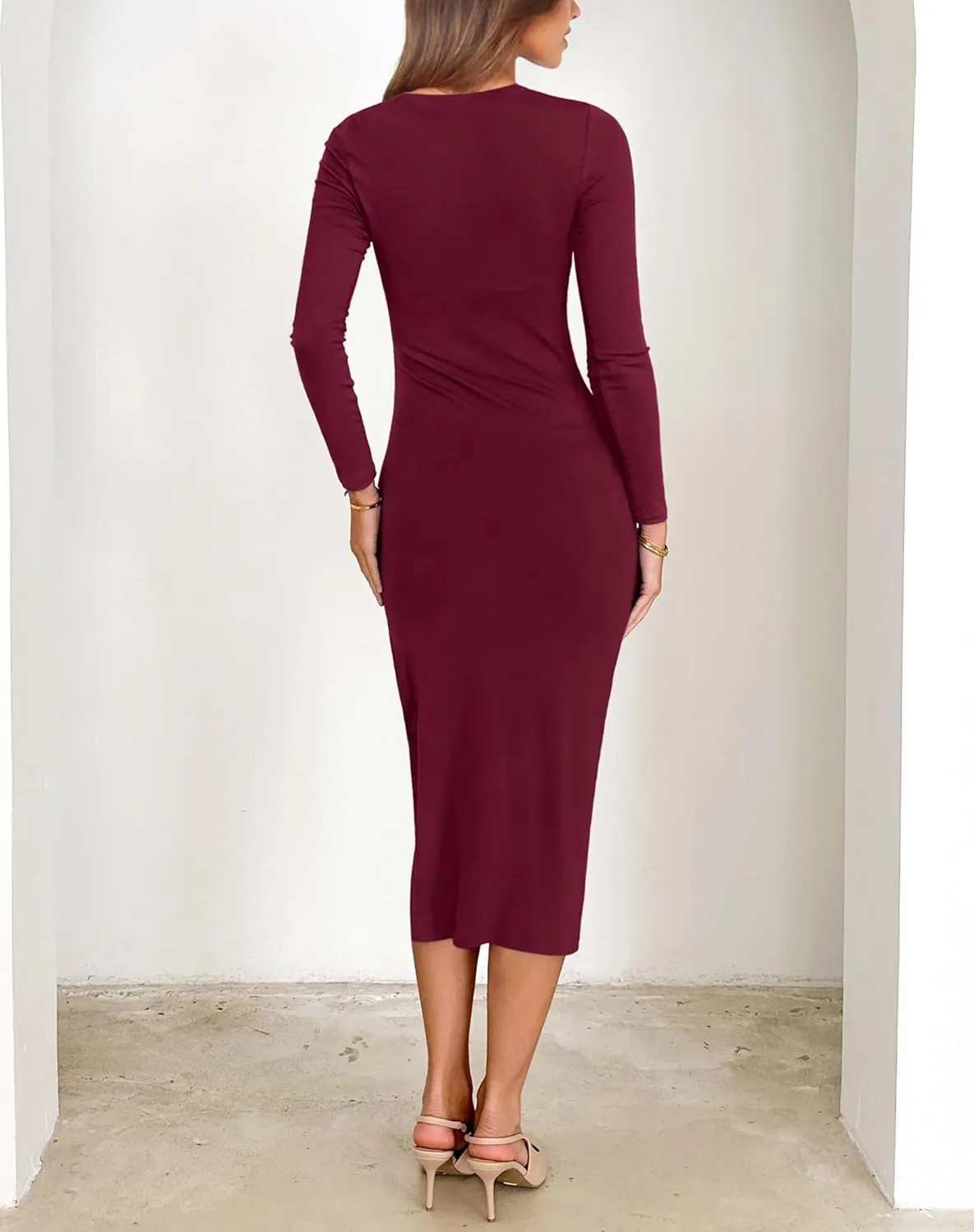 Annebouti Women's Winter Spring Long Sleeve Wedding Guest Dress Ruched Side Slit Bodycon Cocktail Party Midi Dress