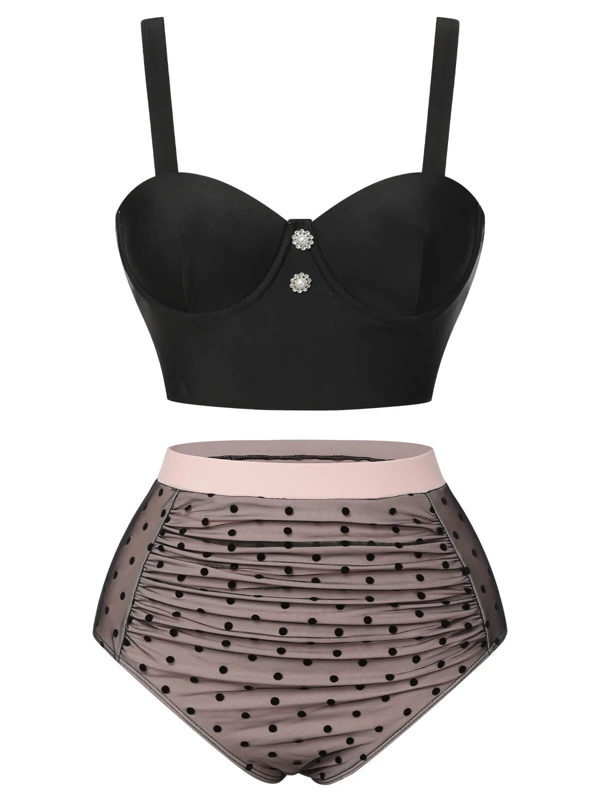 Black 1960s Polka Dots Mesh Swimsuit