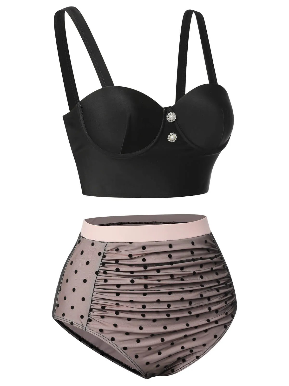 Black 1960s Polka Dots Mesh Swimsuit