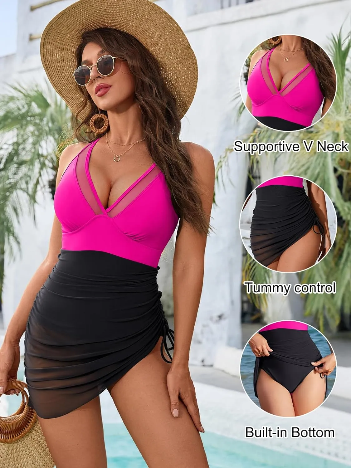 Blooming Jelly Women One Piece Swim Dress Tummy Control Swimsuits Slimming Mesh Sheer Sarong Wraps Bathing Suit