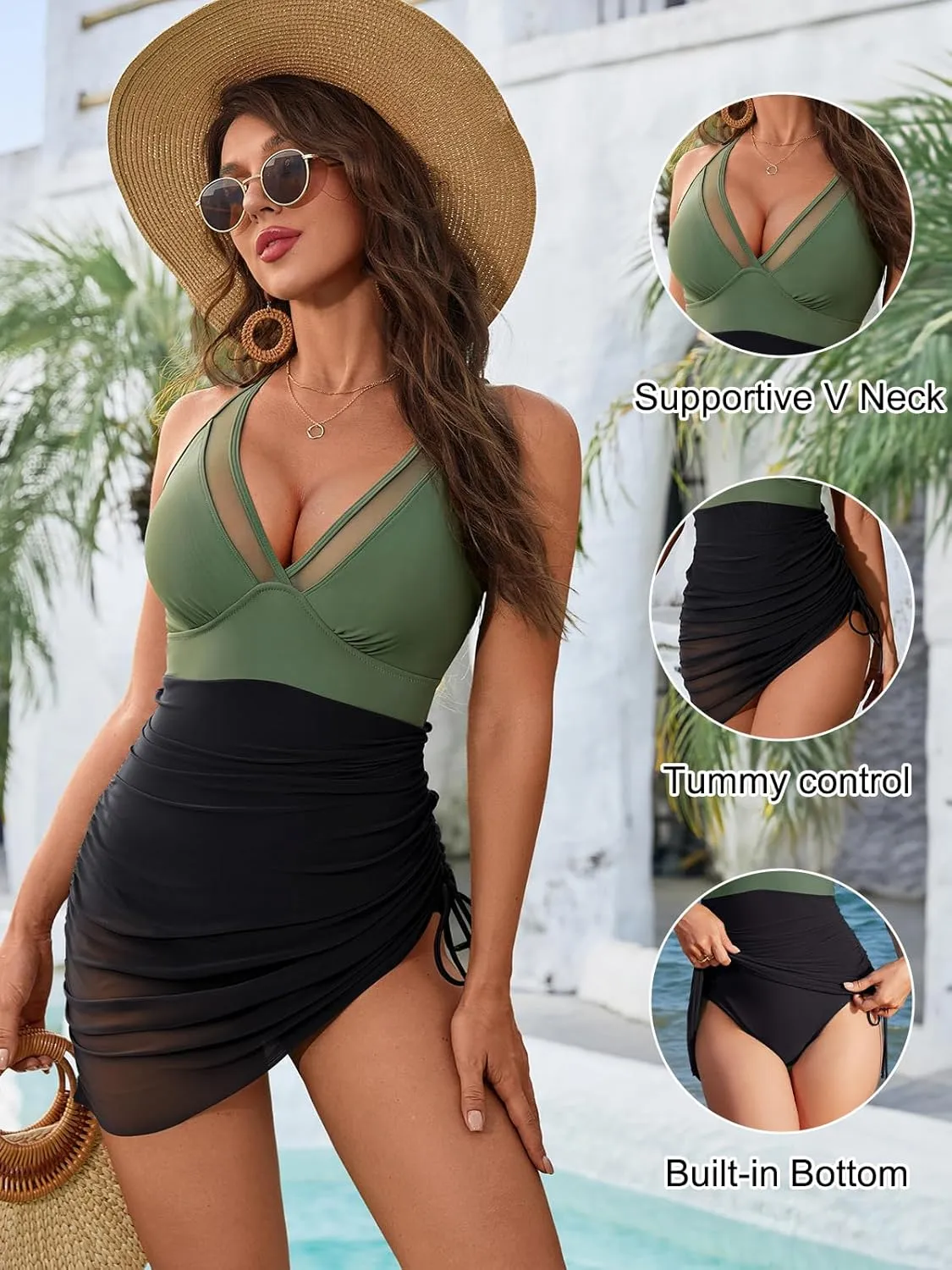 Blooming Jelly Women One Piece Swim Dress Tummy Control Swimsuits Slimming Mesh Sheer Sarong Wraps Bathing Suit