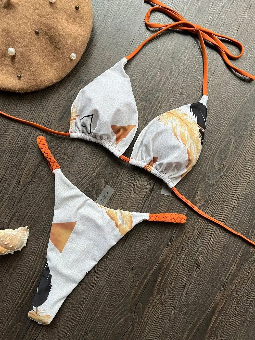 Brazilian Tiger Print Triangle Bra & Braided Micro Bikini 2 Piece Set