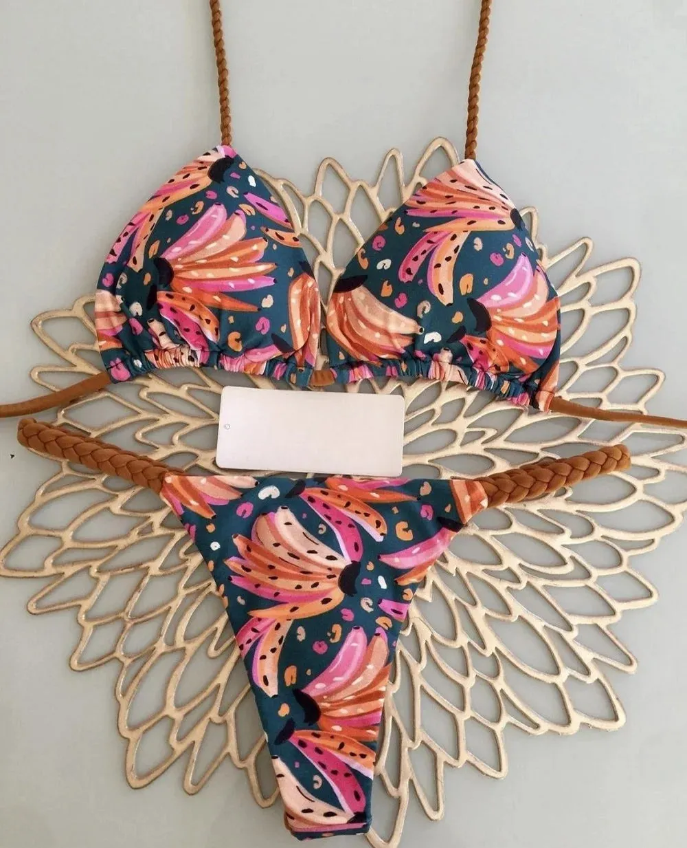 Brazilian Tiger Print Triangle Bra & Braided Micro Bikini 2 Piece Set