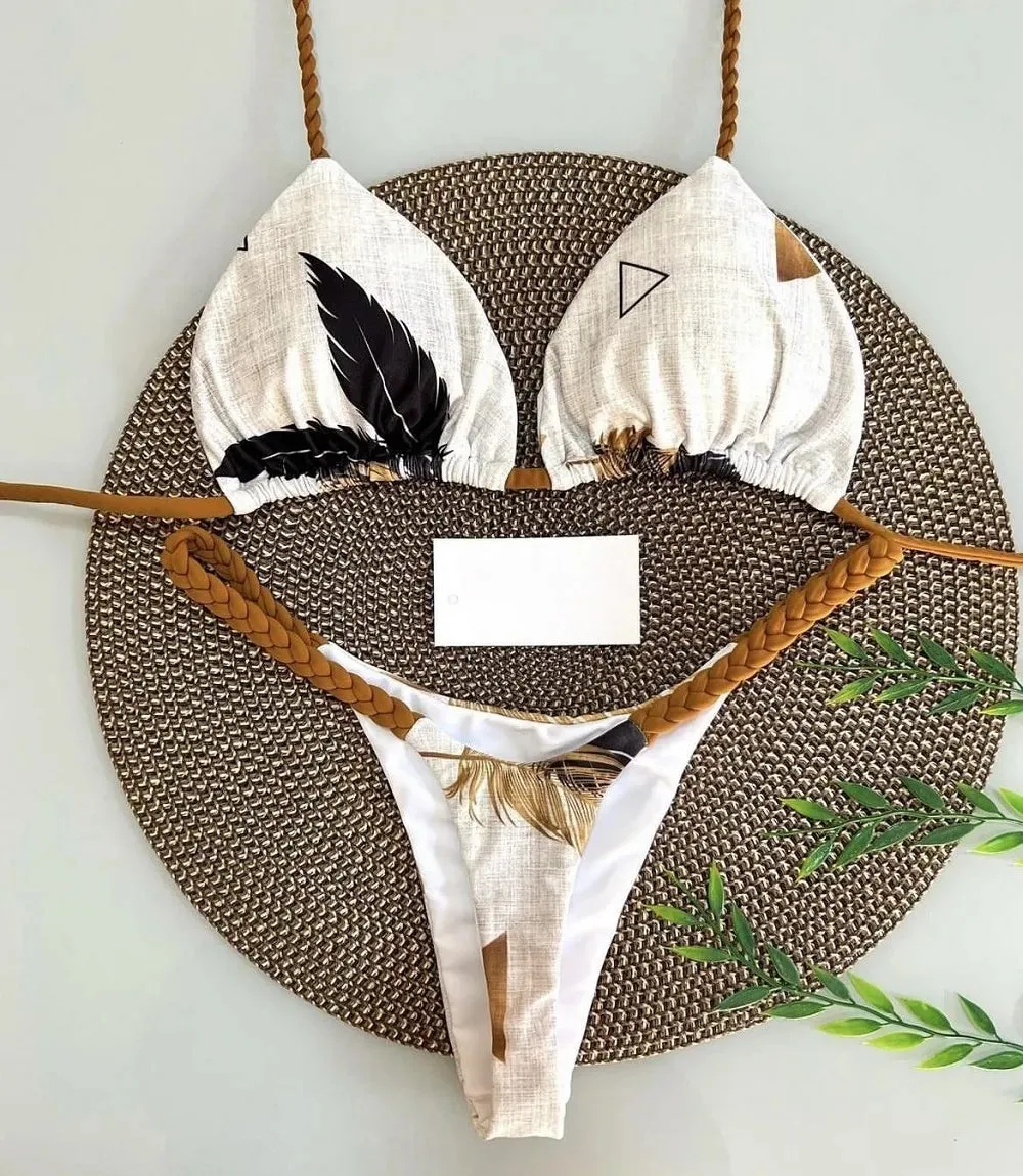 Brazilian Tiger Print Triangle Bra & Braided Micro Bikini 2 Piece Set