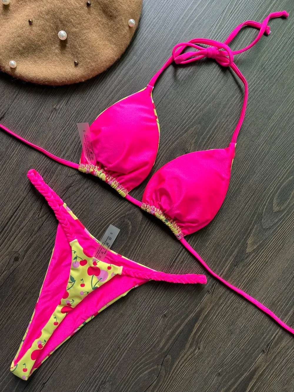 Brazilian Tiger Print Triangle Bra & Braided Micro Bikini 2 Piece Set