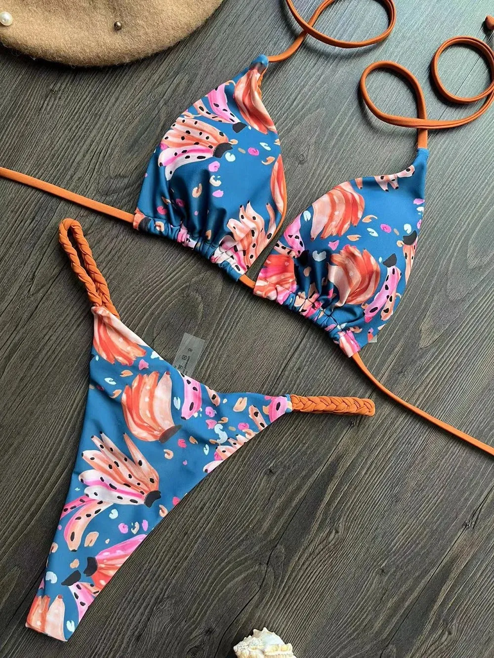 Brazilian Tiger Print Triangle Bra & Braided Micro Bikini 2 Piece Set