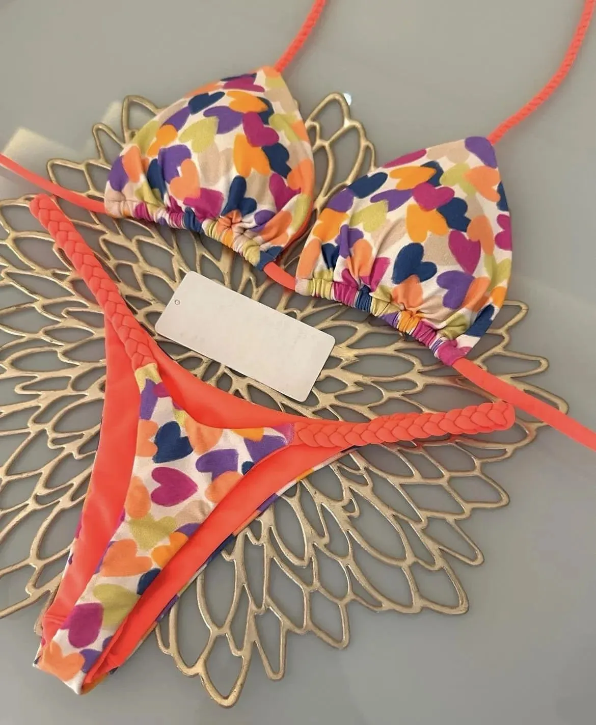Brazilian Tiger Print Triangle Bra & Braided Micro Bikini 2 Piece Set