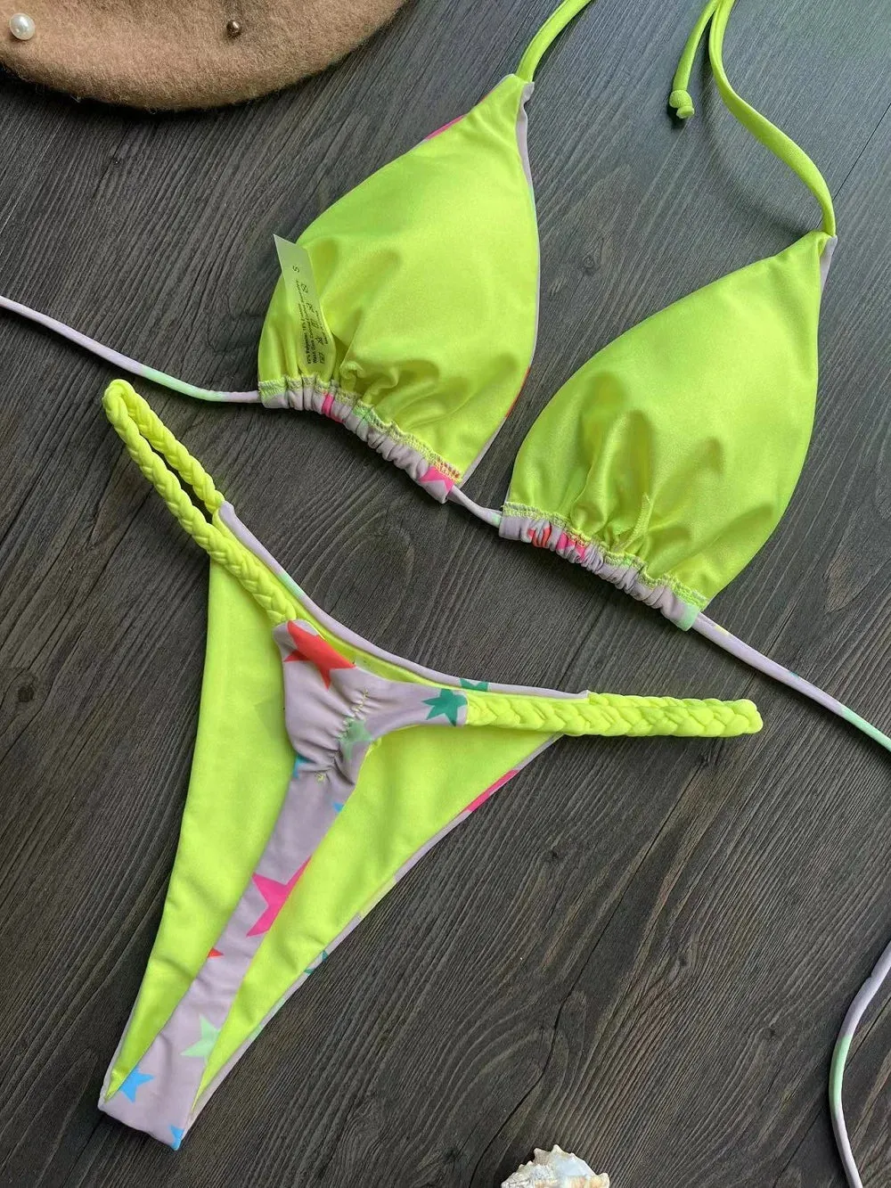 Brazilian Tiger Print Triangle Bra & Braided Micro Bikini 2 Piece Set