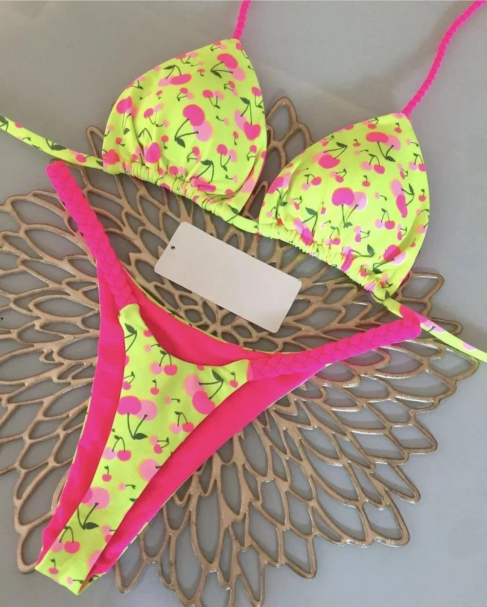 Brazilian Tiger Print Triangle Bra & Braided Micro Bikini 2 Piece Set