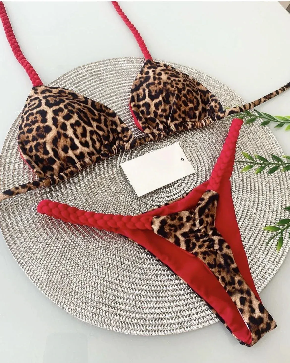 Brazilian Tiger Print Triangle Bra & Braided Micro Bikini 2 Piece Set