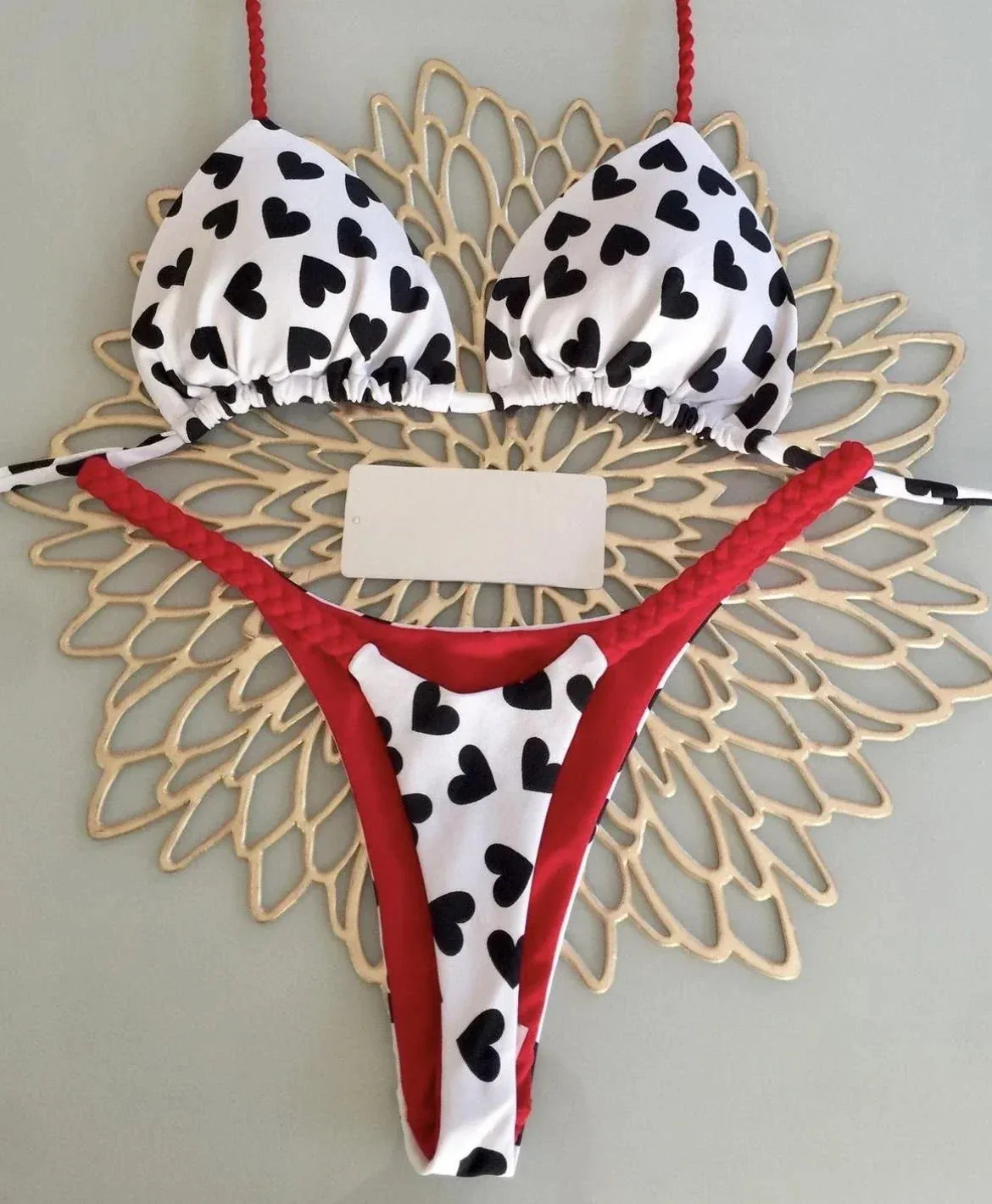 Brazilian Tiger Print Triangle Bra & Braided Micro Bikini 2 Piece Set