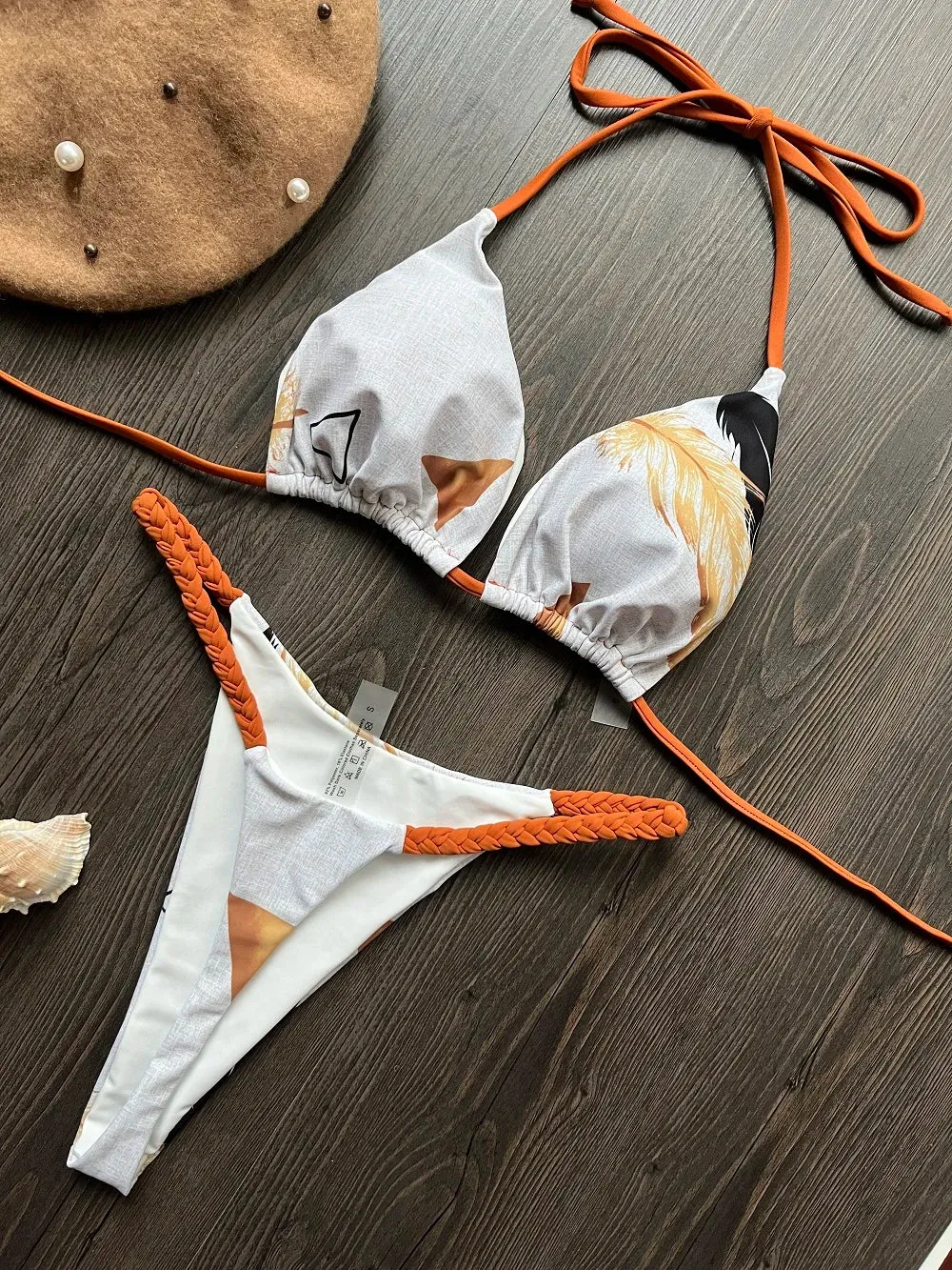 Brazilian Tiger Print Triangle Bra & Braided Micro Bikini 2 Piece Set