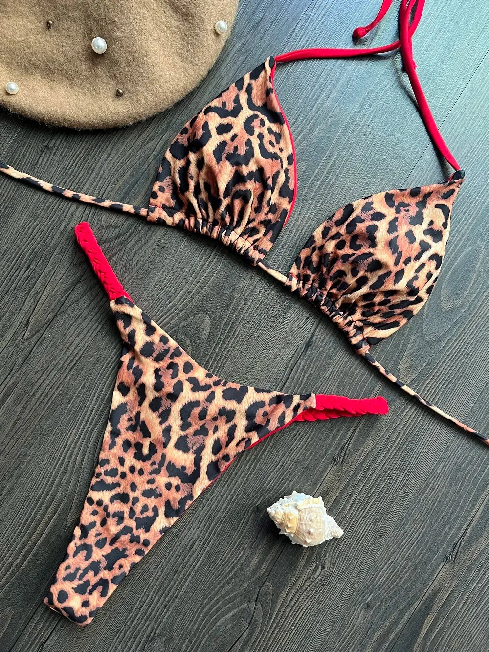 Brazilian Tiger Print Triangle Bra & Braided Micro Bikini 2 Piece Set