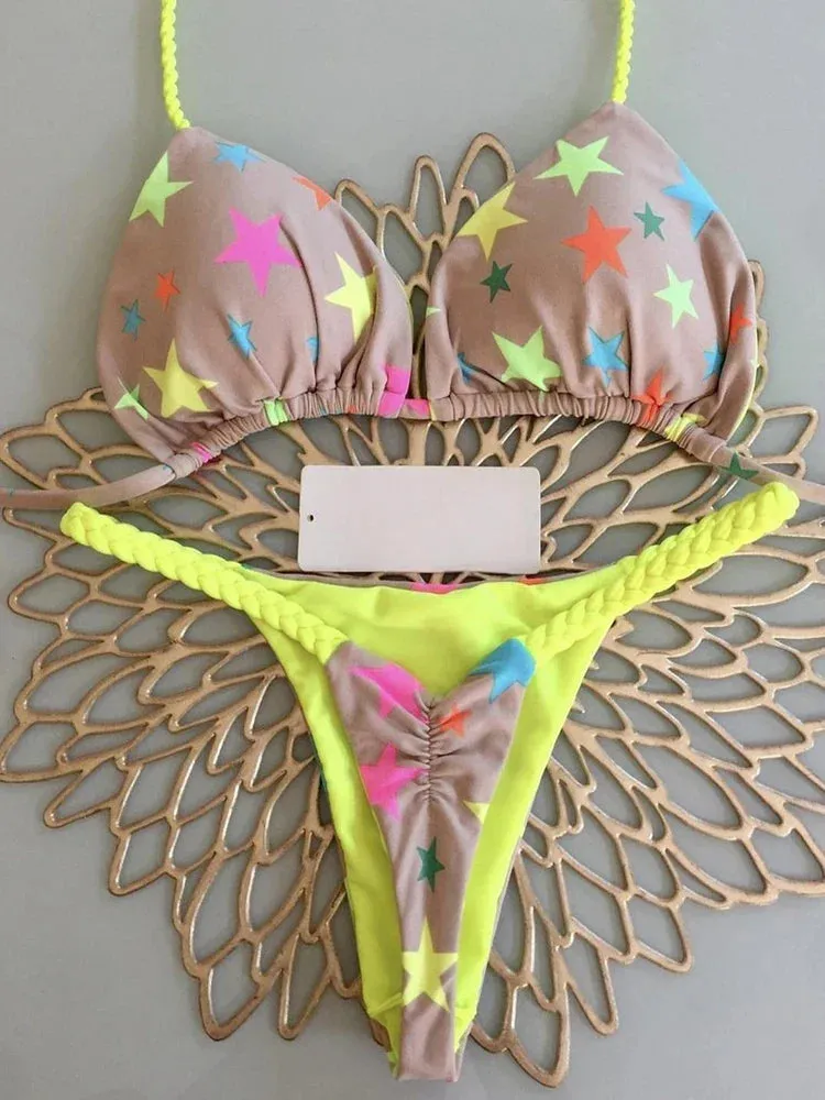 Brazilian Tiger Print Triangle Bra & Braided Micro Bikini 2 Piece Set