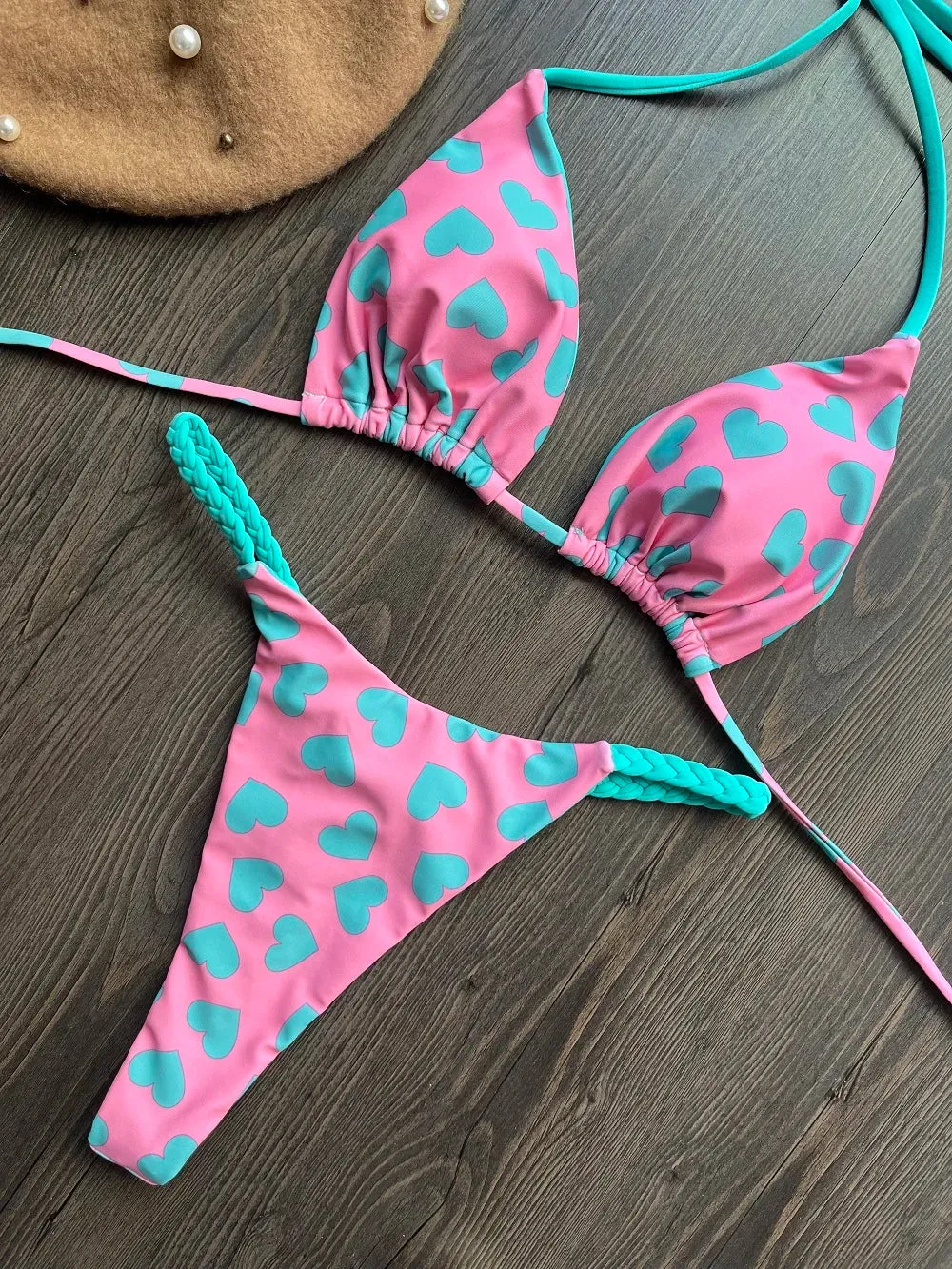 Brazilian Tiger Print Triangle Bra & Braided Micro Bikini 2 Piece Set