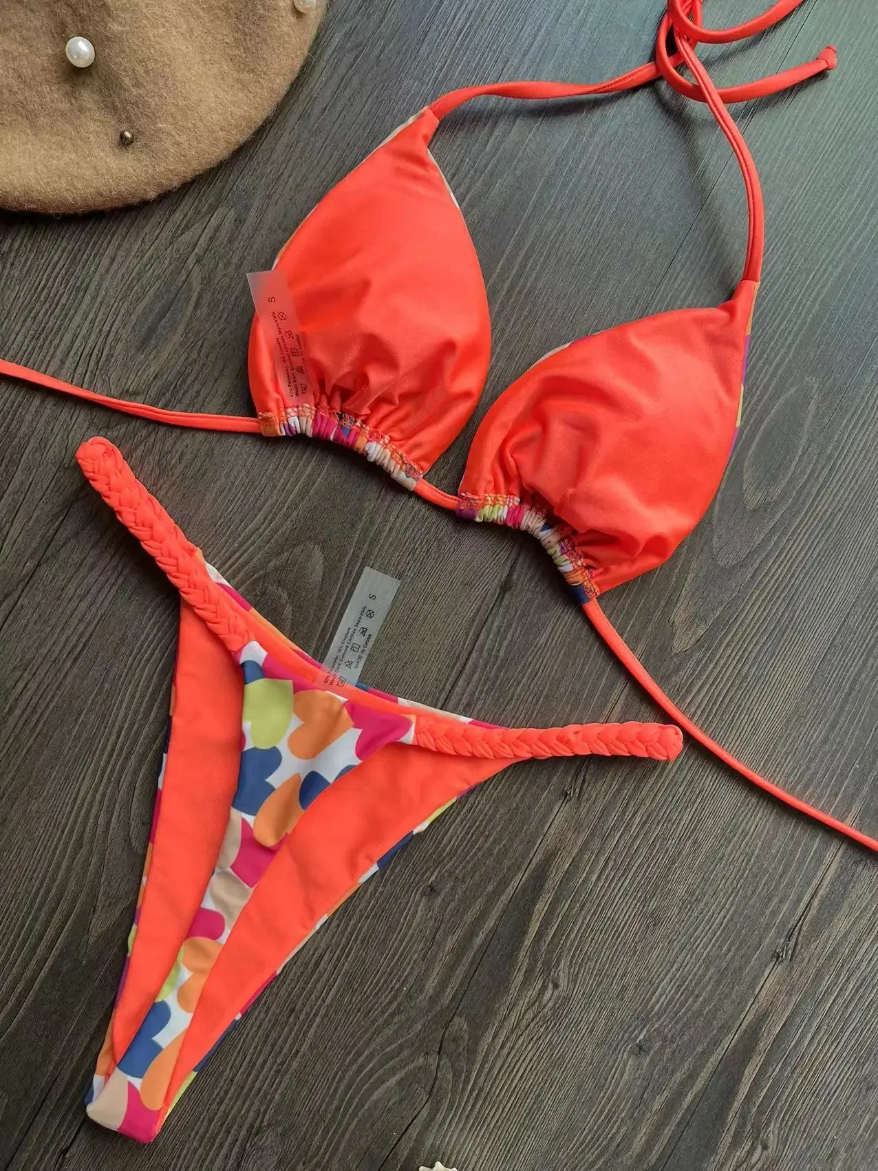 Brazilian Tiger Print Triangle Bra & Braided Micro Bikini 2 Piece Set