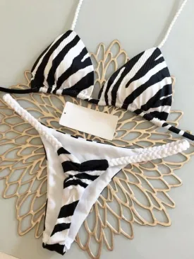 Brazilian Tiger Print Triangle Bra & Braided Micro Bikini 2 Piece Set