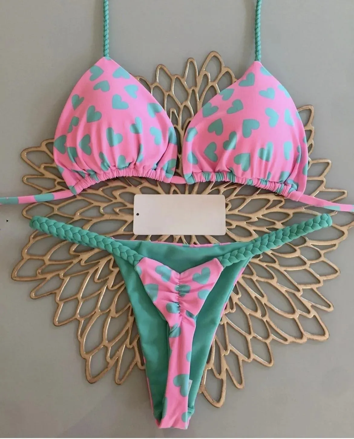 Brazilian Tiger Print Triangle Bra & Braided Micro Bikini 2 Piece Set