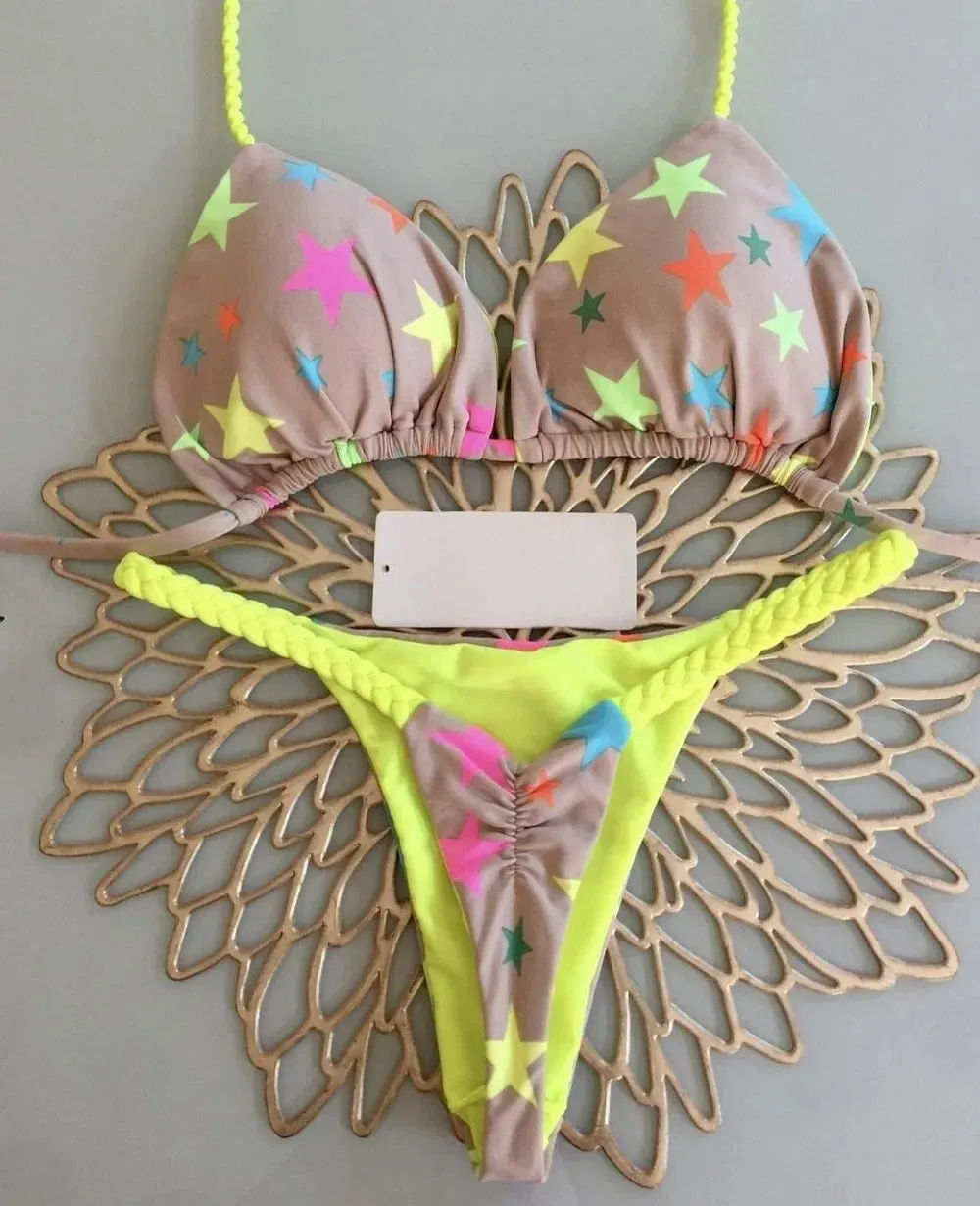 Brazilian Tiger Print Triangle Bra & Braided Micro Bikini 2 Piece Set