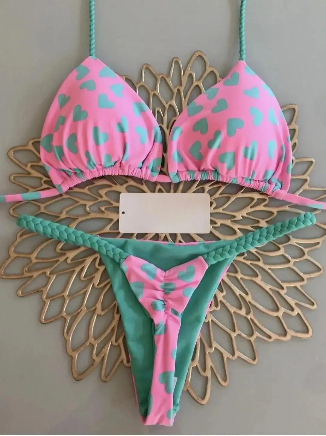 Brazilian Tiger Print Triangle Bra & Braided Micro Bikini 2 Piece Set