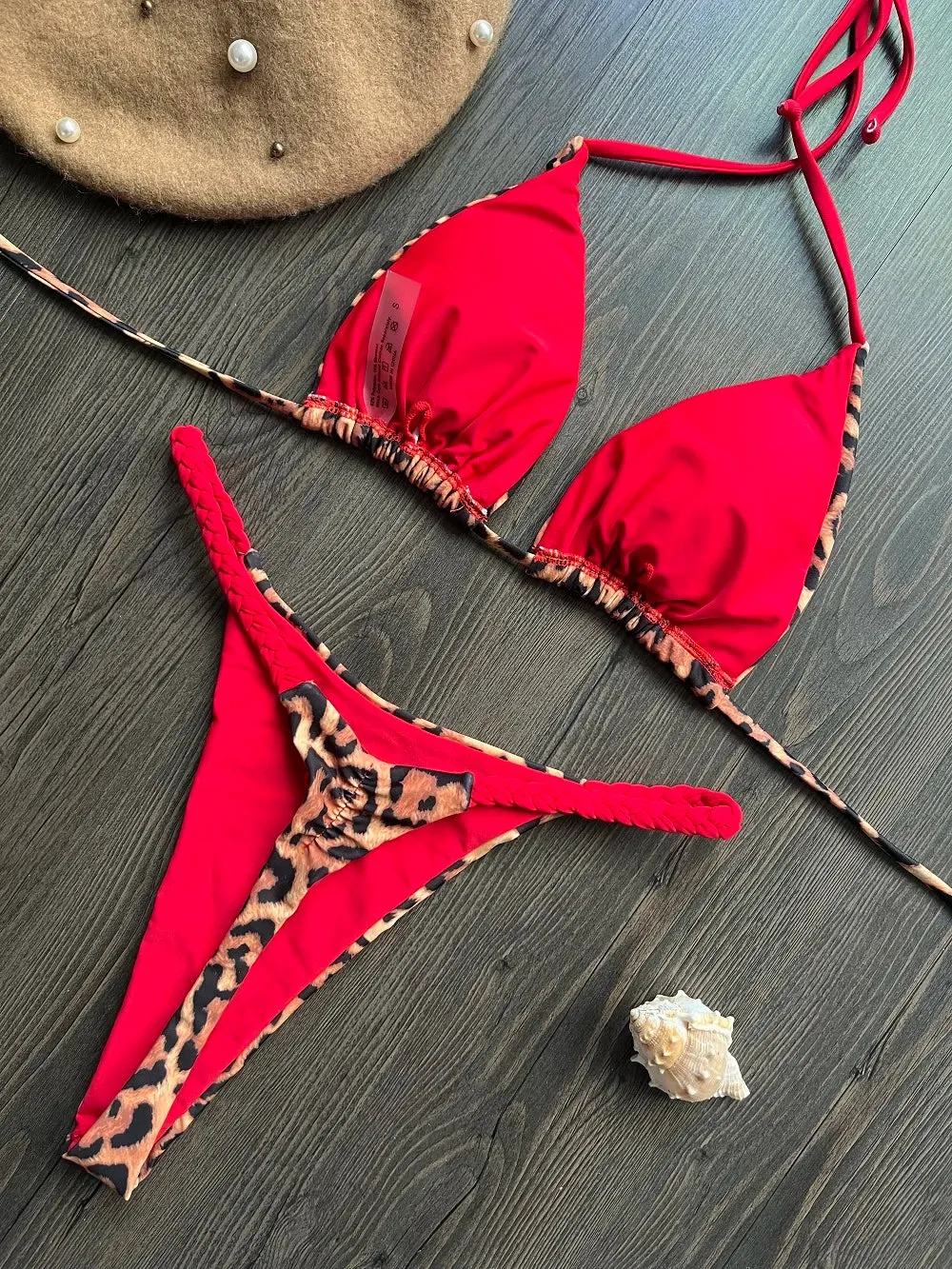 Brazilian Tiger Print Triangle Bra & Braided Micro Bikini 2 Piece Set