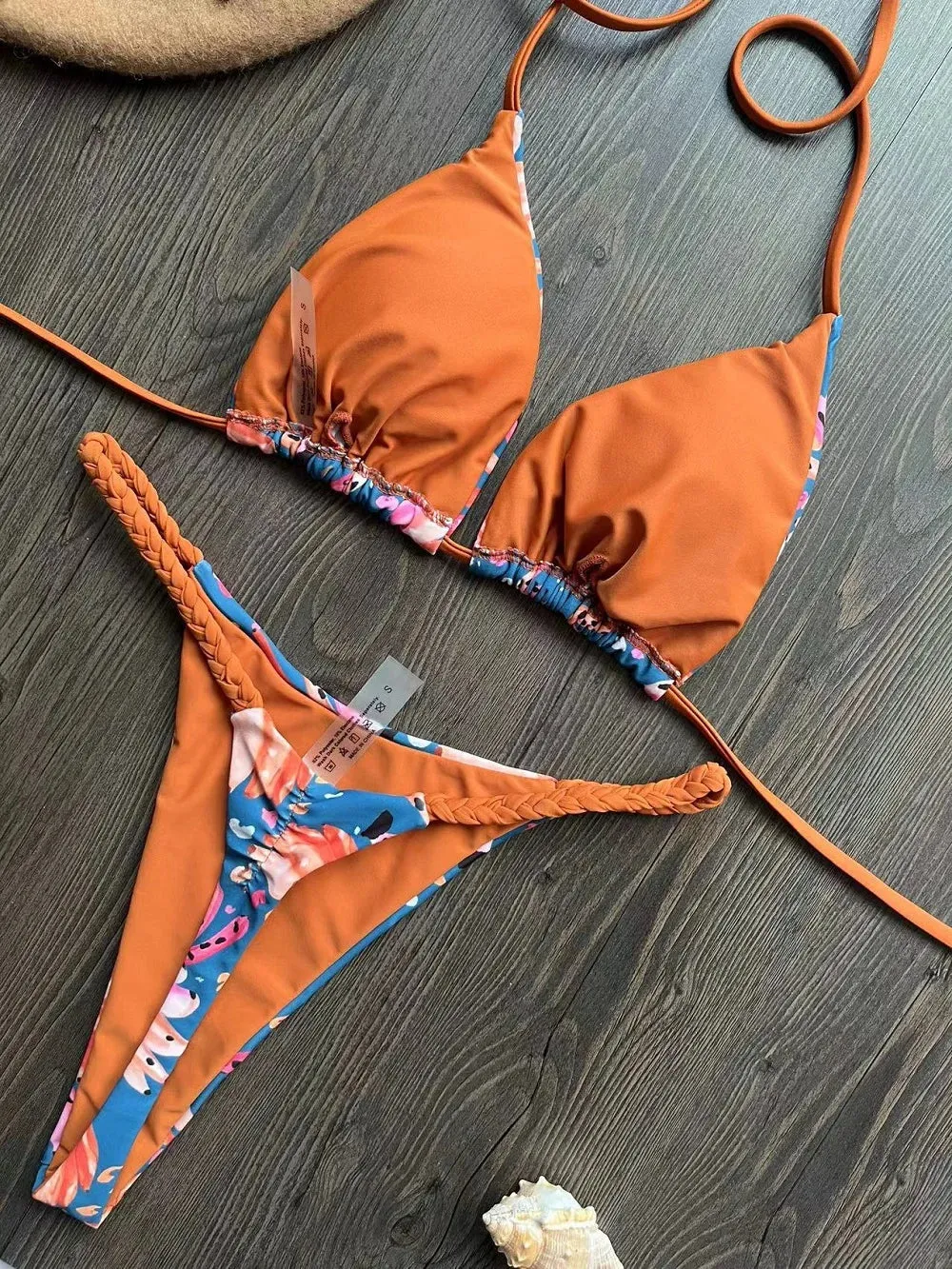 Brazilian Tiger Print Triangle Bra & Braided Micro Bikini 2 Piece Set