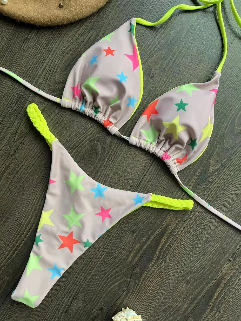 Brazilian Tiger Print Triangle Bra & Braided Micro Bikini 2 Piece Set
