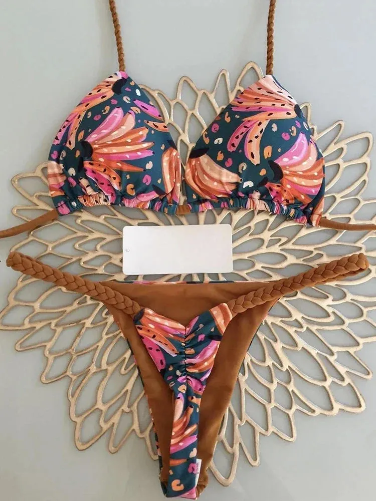 Brazilian Tiger Print Triangle Bra & Braided Micro Bikini 2 Piece Set