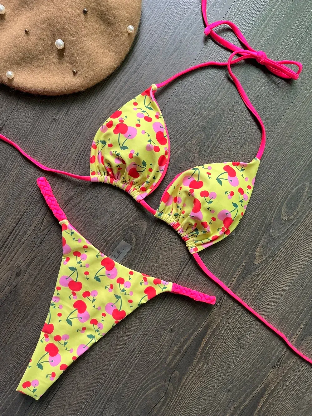 Brazilian Tiger Print Triangle Bra & Braided Micro Bikini 2 Piece Set