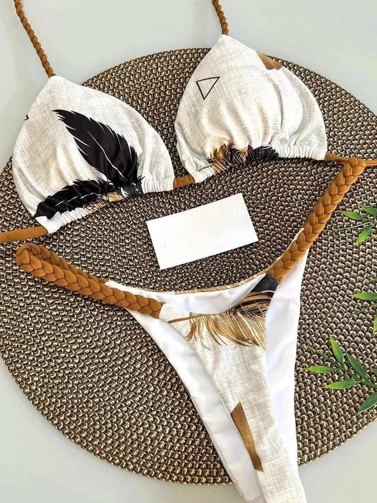 Brazilian Tiger Print Triangle Bra & Braided Micro Bikini 2 Piece Set