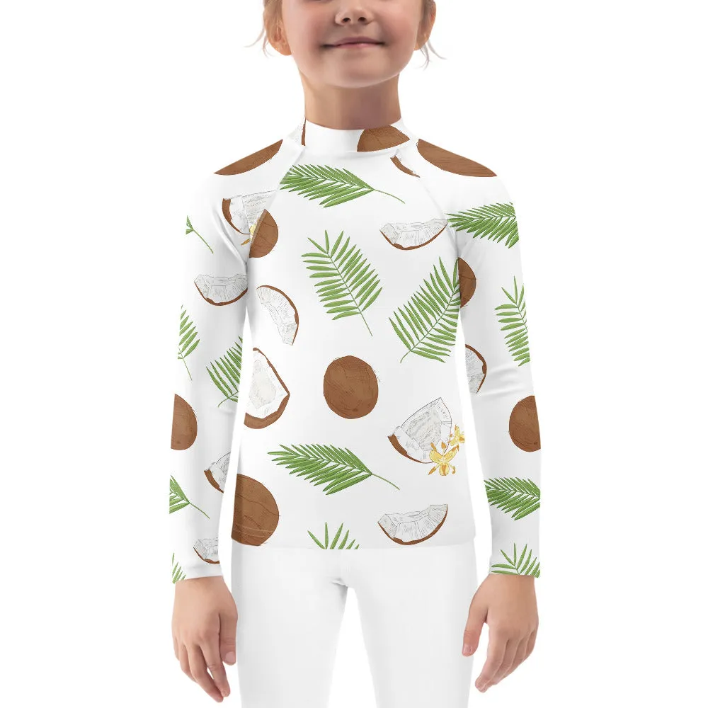 Coconut Tropical Girls Rash Guard (2T-7), Print Surf Kids Toddler Long Sleeve Swim Shirt Sun Swimsuit Wet Suit Protection 40 UPF