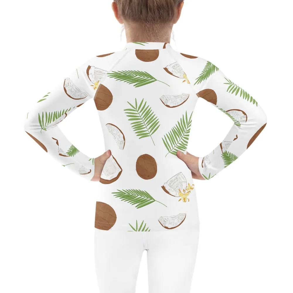 Coconut Tropical Girls Rash Guard (2T-7), Print Surf Kids Toddler Long Sleeve Swim Shirt Sun Swimsuit Wet Suit Protection 40 UPF