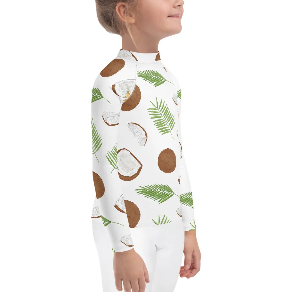 Coconut Tropical Girls Rash Guard (2T-7), Print Surf Kids Toddler Long Sleeve Swim Shirt Sun Swimsuit Wet Suit Protection 40 UPF