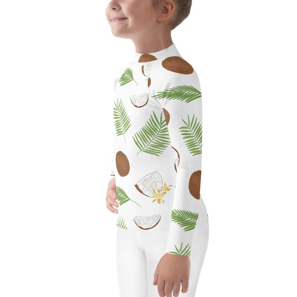 Coconut Tropical Girls Rash Guard (2T-7), Print Surf Kids Toddler Long Sleeve Swim Shirt Sun Swimsuit Wet Suit Protection 40 UPF