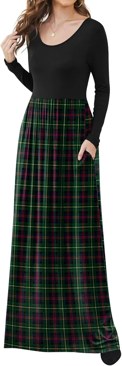 DB MOON Women Casual Long Sleeve Maxi Dresses Empire Waist Long Dress with Pockets