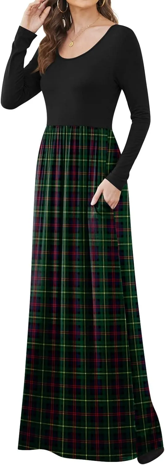 DB MOON Women Casual Long Sleeve Maxi Dresses Empire Waist Long Dress with Pockets