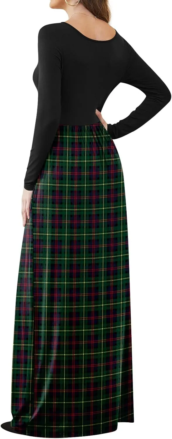 DB MOON Women Casual Long Sleeve Maxi Dresses Empire Waist Long Dress with Pockets