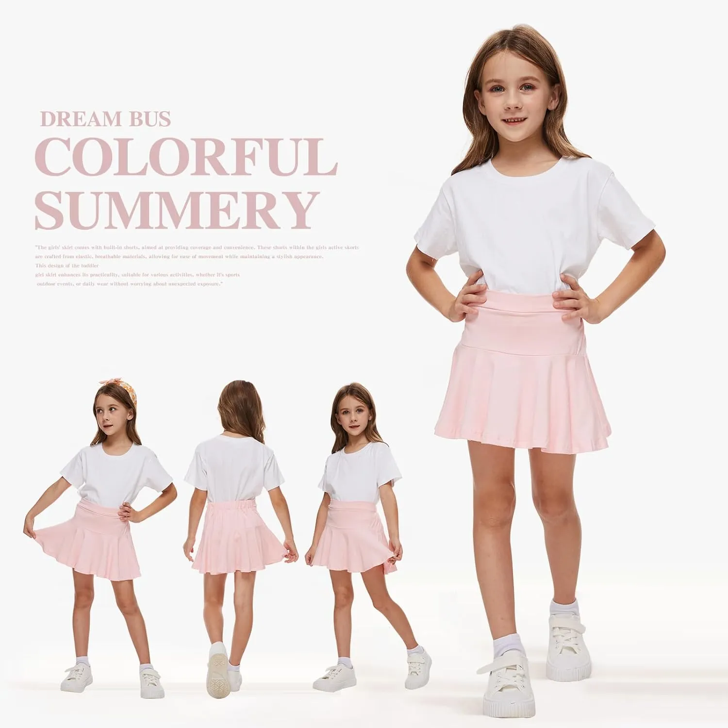 DREAM BUS 2 Pack Girl Pleated Skirts Built in Shorts Little Kid Tennis Skorts Toddler Girl Athletic Flowy Skorts Skirts