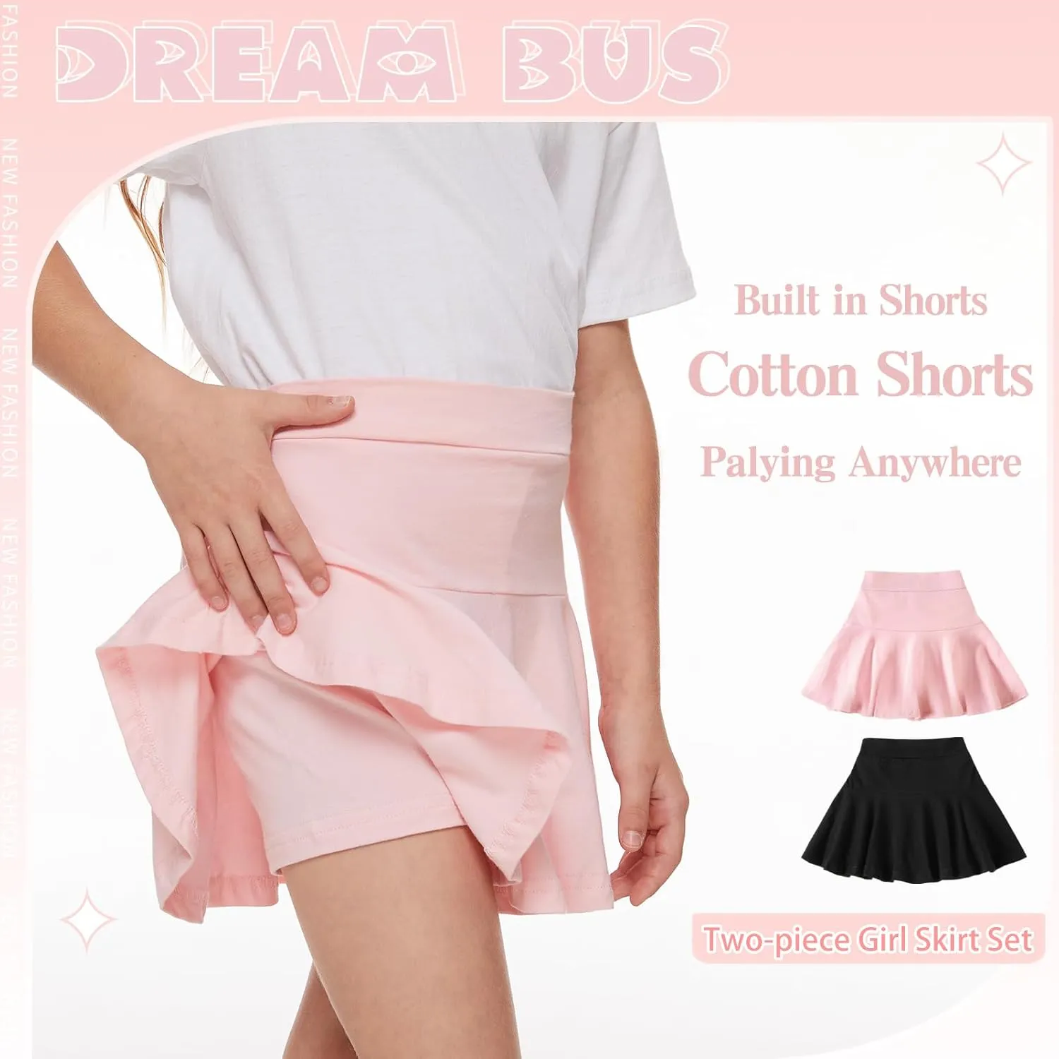 DREAM BUS 2 Pack Girl Pleated Skirts Built in Shorts Little Kid Tennis Skorts Toddler Girl Athletic Flowy Skorts Skirts
