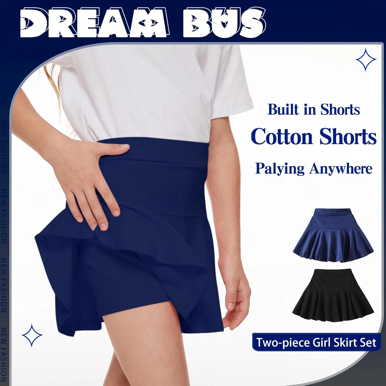 DREAM BUS 2 Pack Girl Pleated Skirts Built in Shorts Little Kid Tennis Skorts Toddler Girl Athletic Flowy Skorts Skirts