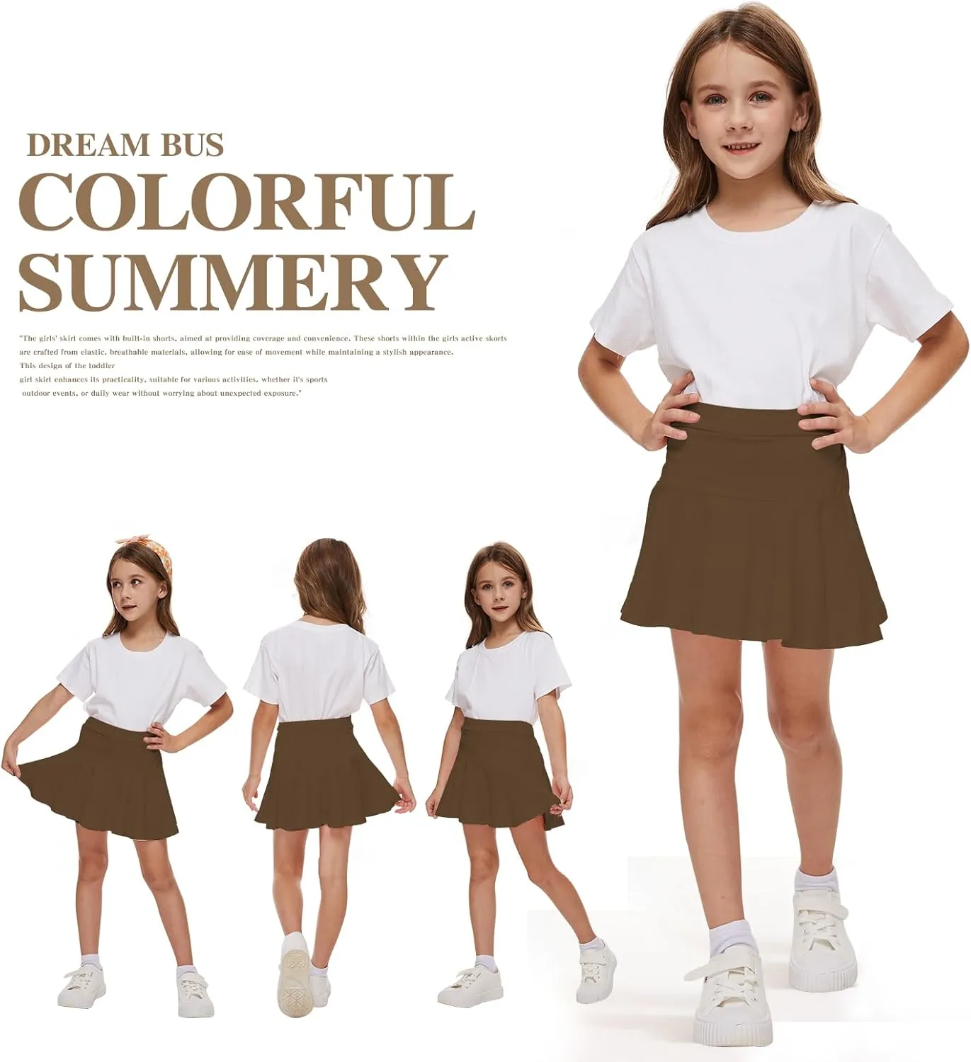 DREAM BUS 2 Pack Girl Pleated Skirts Built in Shorts Little Kid Tennis Skorts Toddler Girl Athletic Flowy Skorts Skirts