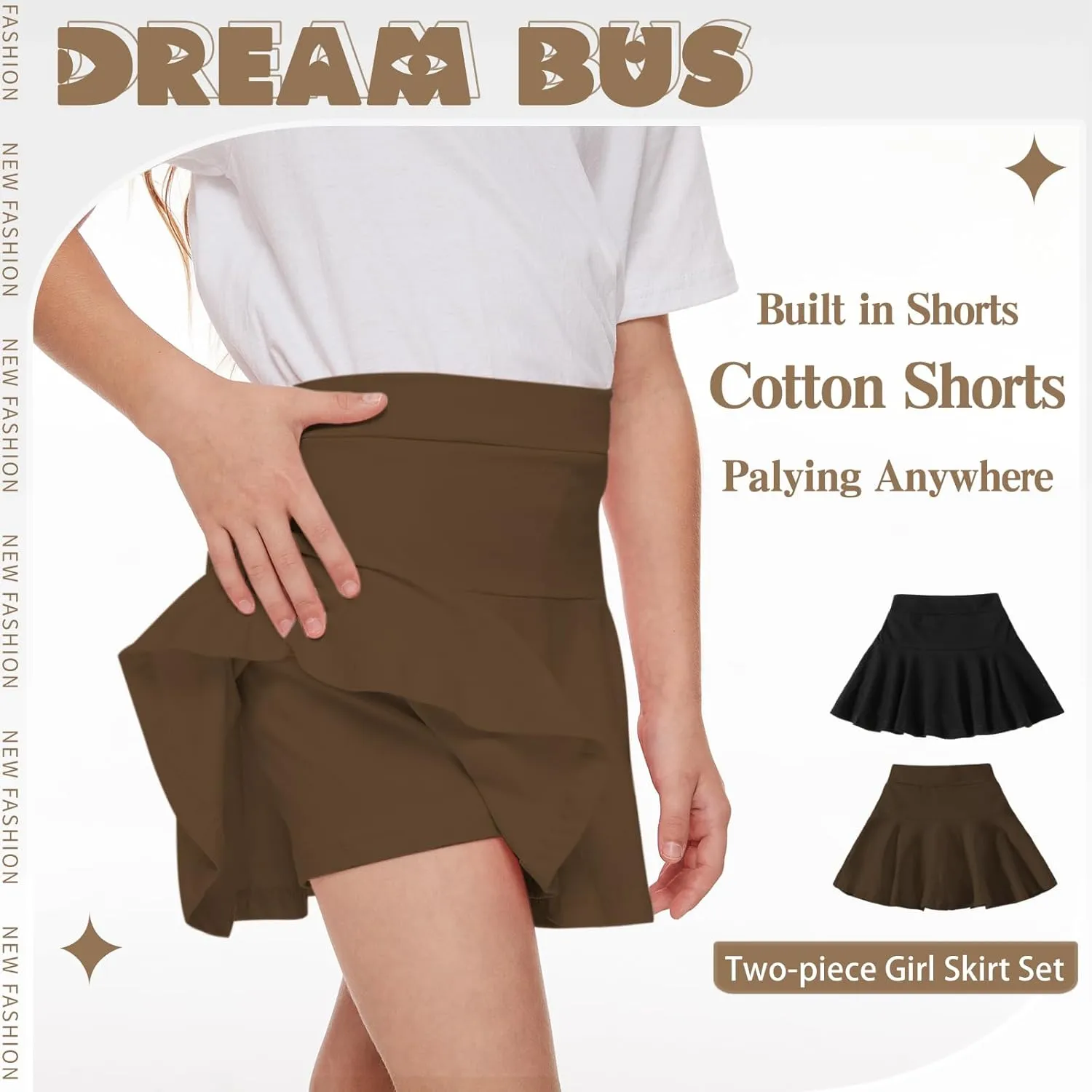 DREAM BUS 2 Pack Girl Pleated Skirts Built in Shorts Little Kid Tennis Skorts Toddler Girl Athletic Flowy Skorts Skirts