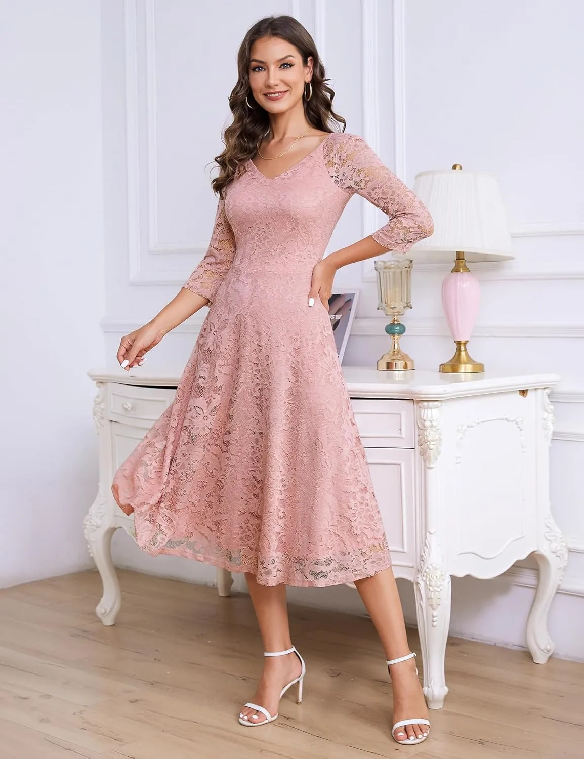 Dressystar Womens Long-Sleeve Wedding Guest Dress A-Line Lace Formal Party Cocktail Midi Dress Prom Gown